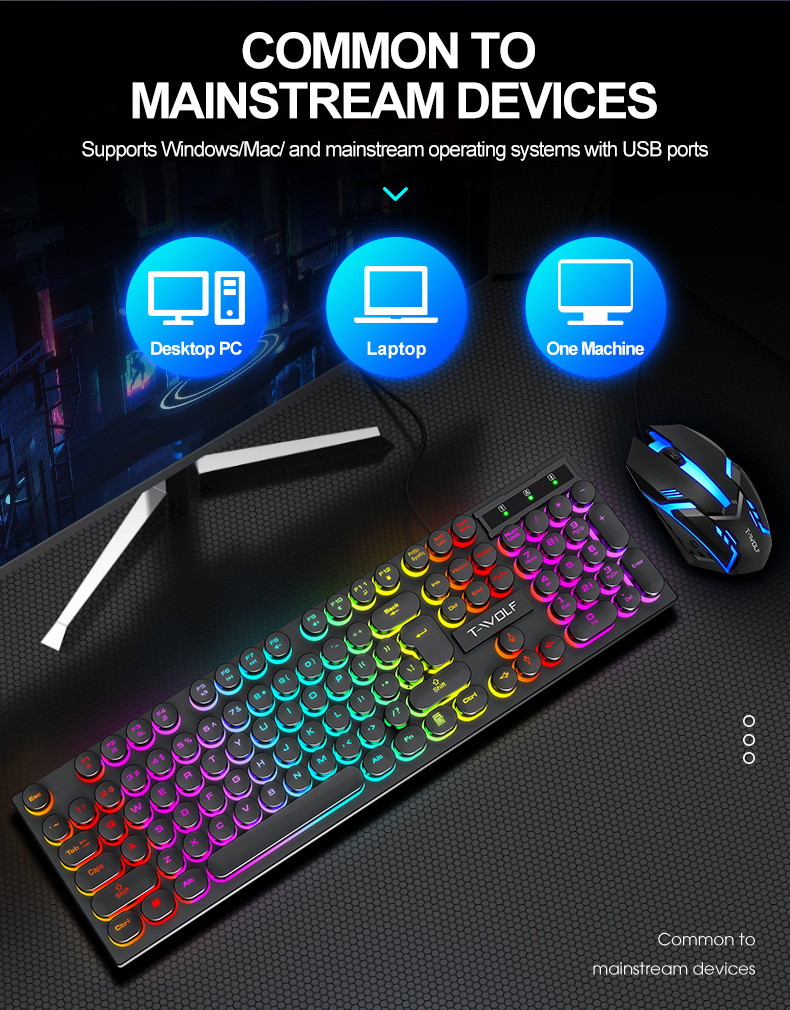 T-WOLFT80USBWiredRoundKeyboard104KeysRainbowRGBBacklightGamingKeyboardMechanicalFeelComputerPunkButt-1977329-6