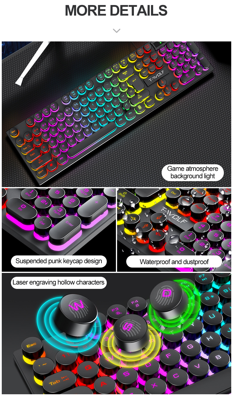 T-WOLFT80USBWiredRoundKeyboard104KeysRainbowRGBBacklightGamingKeyboardMechanicalFeelComputerPunkButt-1977329-8