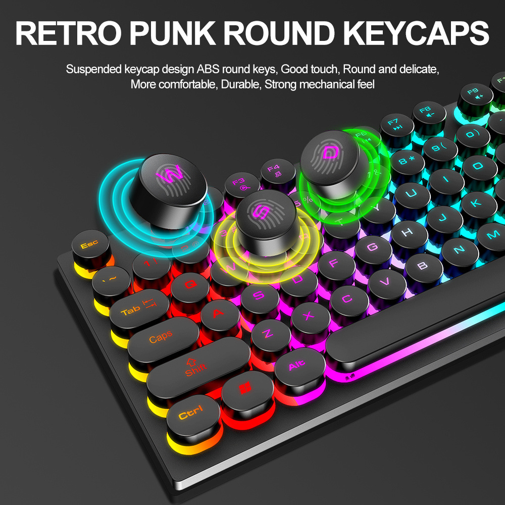 T-WOLFT80USBWiredRoundKeyboard104KeysRainbowRGBBacklightGamingKeyboardMechanicalFeelComputerPunkButt-1977329-9