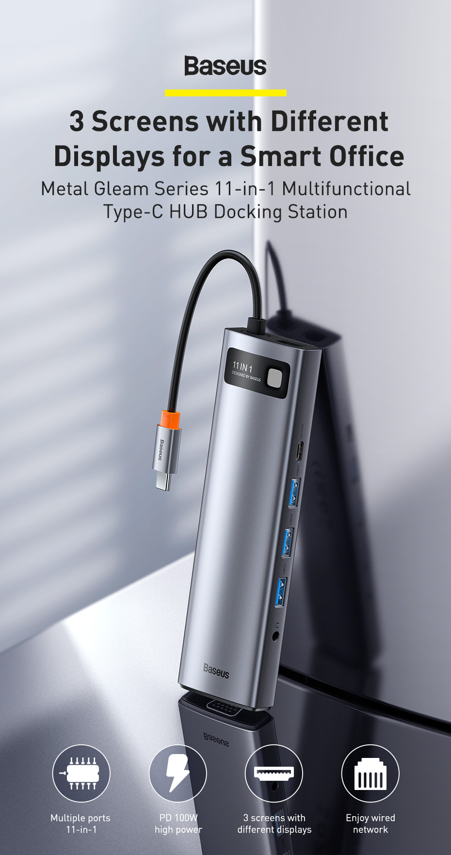 TripleDisplayBaseus11-In-1MSTUSBType-CHubDockingStationAdapterWithDual4KHDMIHDDisplay1080PVGA100WUSB-1872792-1