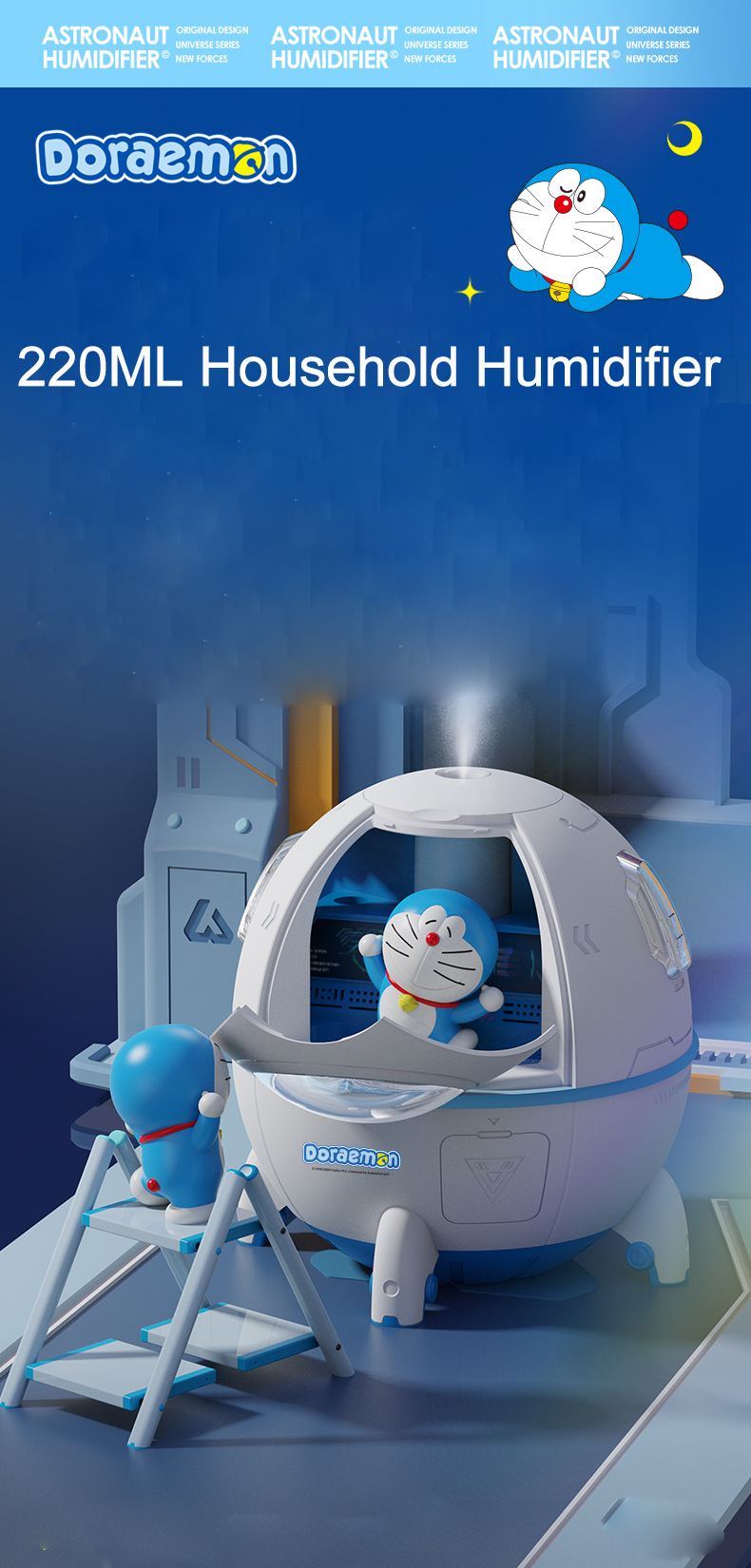 220MLHomeHumidifierCartoonSpaceCapsuleHouseholdUse1200mAhwithMulticolorAmbientLightTypeCRechargeable-2015505-1