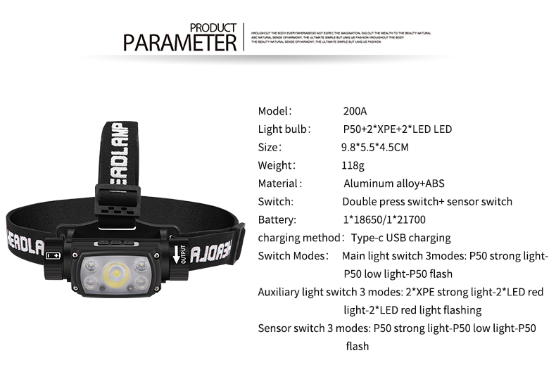 200A-5XHP50LEDHeadlampMotionSensorHeadlightFlashlight1865021700USBRechargeableHeadLampTorch10Lightin-1993692-13