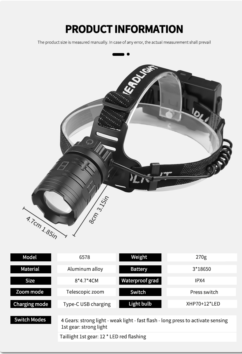 30WLEDMulti-FunctionInductionHeadlampXHP70StrongLightInductionHeadlampSupportsOutput318650BatteryOut-2005573-14