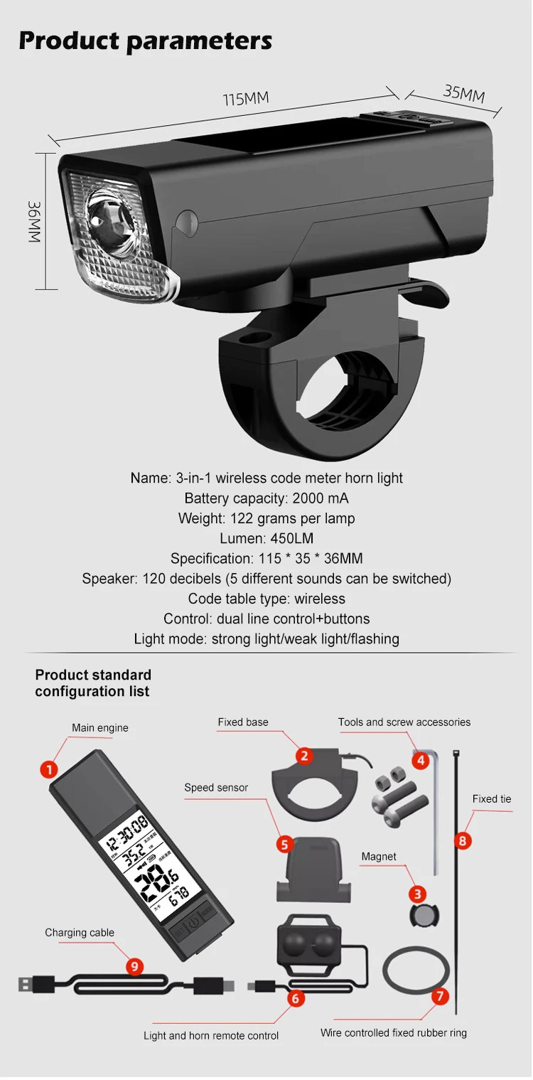 3in1450LmBrightnessWirelessBikeHeadlight2000mAhBatteryType-C3LightModesSmartSpeedometerwith120dbHorn-2003013-13