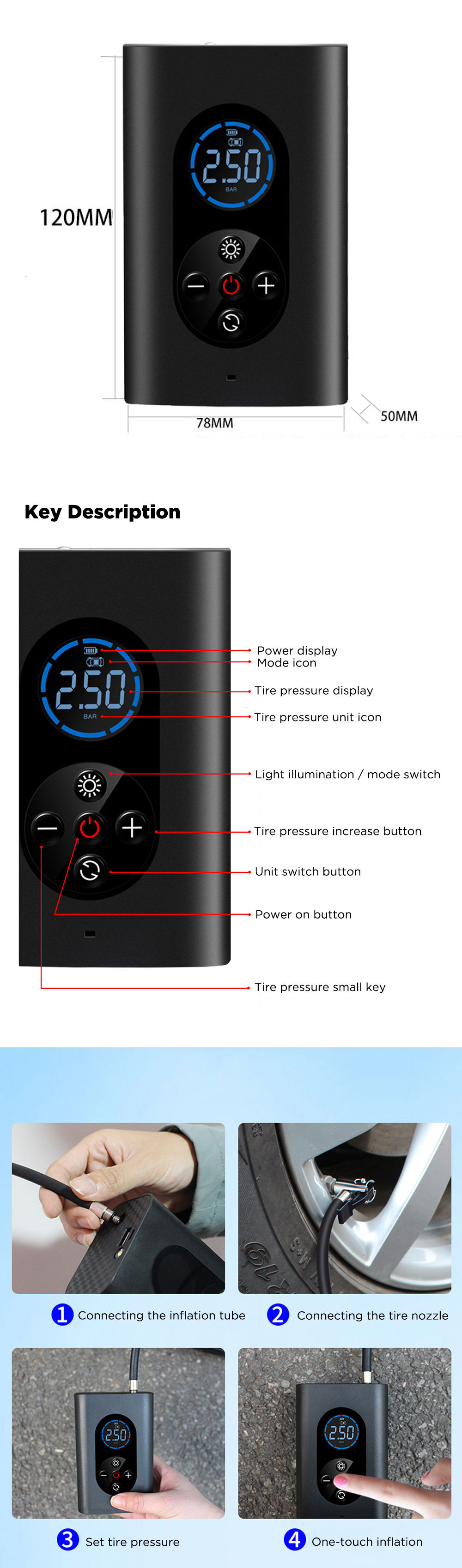 BIKIGHT150PSI4-in-1WirelessAirPump80WPower4000mAhUSBRechargeableLEDDisplay038KGLightweightMiniBikePu-1800398-3