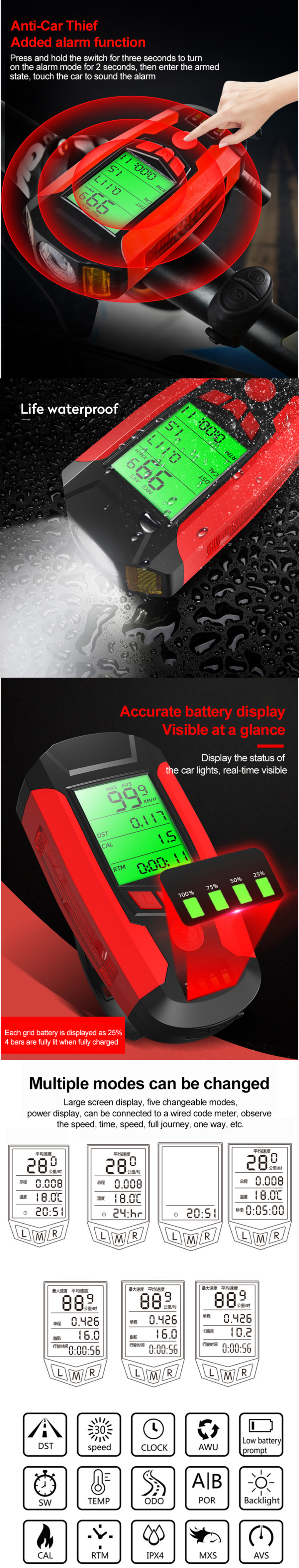 BlackBIKIGHT3-in-1350LMCOBBikeLightUSBHornLampSpeedMeterLCDScreen5-ModesWaterproofBicycleHeadlightWi-1775917-3