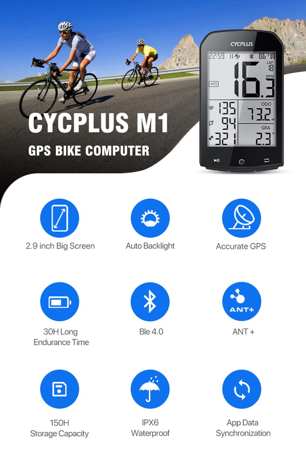 CYCPLUSM1GPSBicycleComputerWirelessWithBluetooth40ANTCyclingSpeedometerWaterproofLCDBacklightBikeOdo-1925023-1