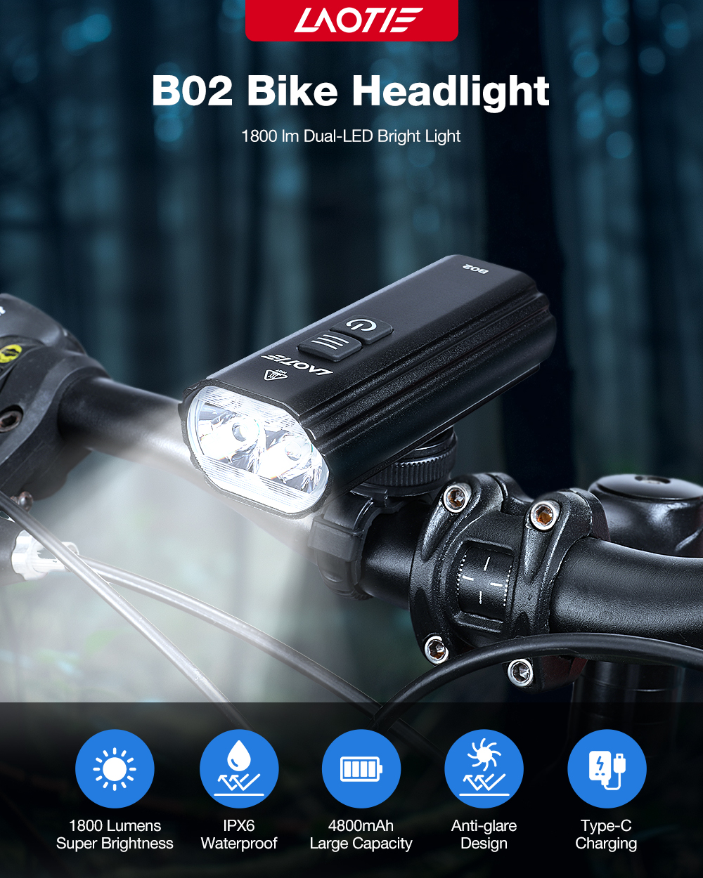 LAOTIEB021800LmBrightnessBikeHeadlight4800mAhBatteryAnti-glareDesignIPX6Waterproof5LightModesType-CF-2013492-1