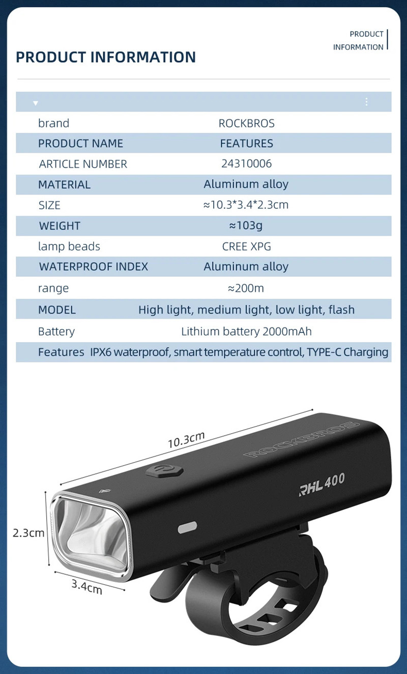 ROCKBROS400LmBikeHeadlight2000mAhBatteryUSBRechargeableIPX6Waterproof4LightModesAluminumAlloyBicycle-2000838-11