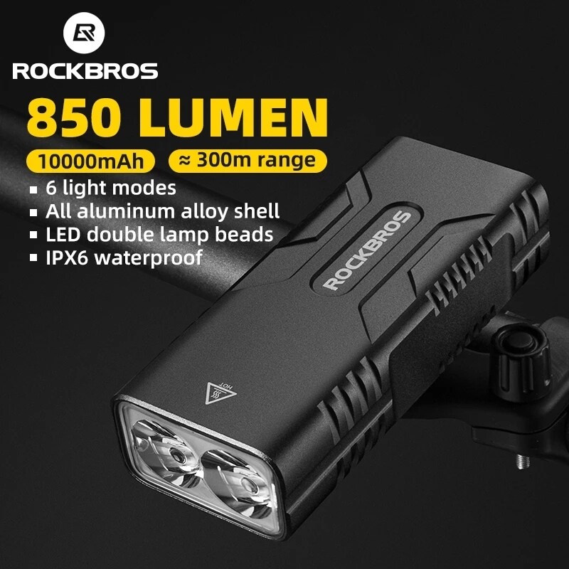 ROCKBROSPowerBankBikeHeadlight850LmLumens10000mAhBatteryType-CRechargeableIPX6Waterproof6LightModesA-2000893-1