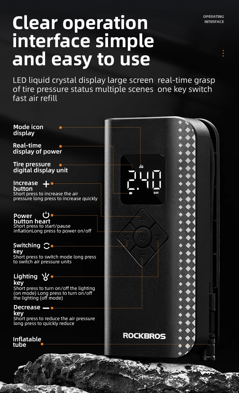 ROCKBROSSmartBikeElectricAirPump150PSI4ModesLEDDisplay2000mAhBatteryUSBRechargeablePortableSmartElec-2005580-12