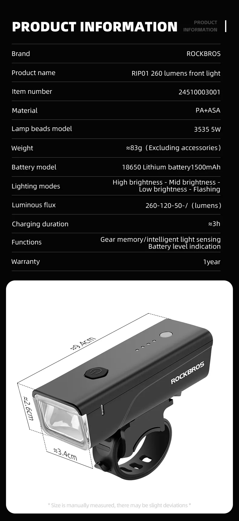 ROCKBROSSmartLightSenorBikeHeadlight260LmBrightLED1500mAhBatteryType-CFastChargingAnti-glareBicycleL-2000892-7