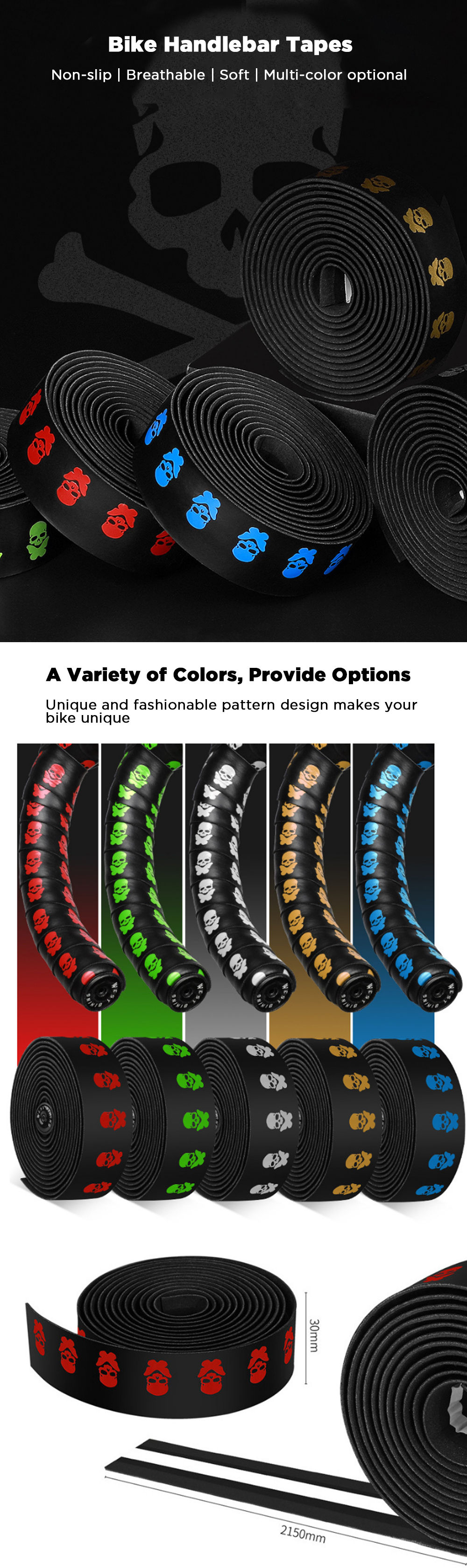 WESTBIKING2Pcs2150mmBikeHandlebarTapeBicycleHandlebarGripGripTapeWrapsAdhesiveBackwithBarPlugs-1721992-1