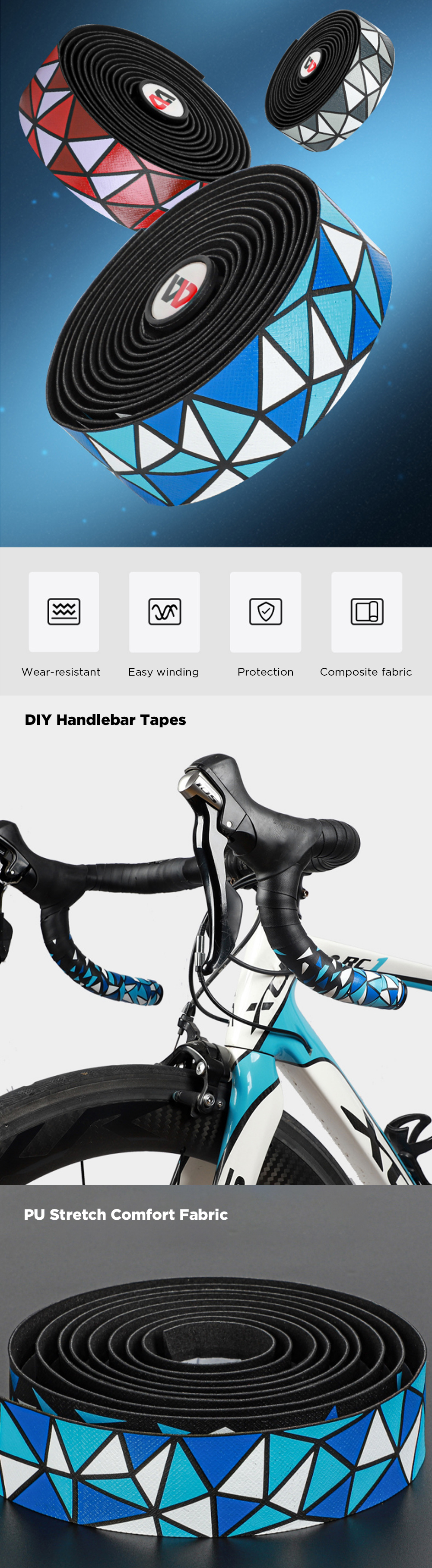 WESTBIKING2PcsBikeHandlebarTapesPUAnti-slipWaterproofHandlebarGripWrapsAdhesiveStrapForCyclingBicycl-1710840-1