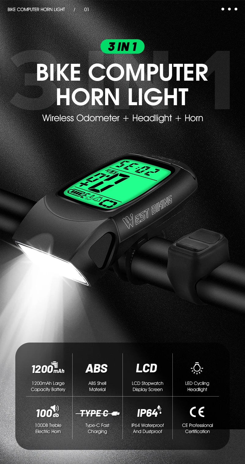 WESTBIKING3in1330LmBrightnessBikeHeadlight1200mAhBatteryIP64Waterproof4LightModesSmartSpeedometerwit-2000858-1