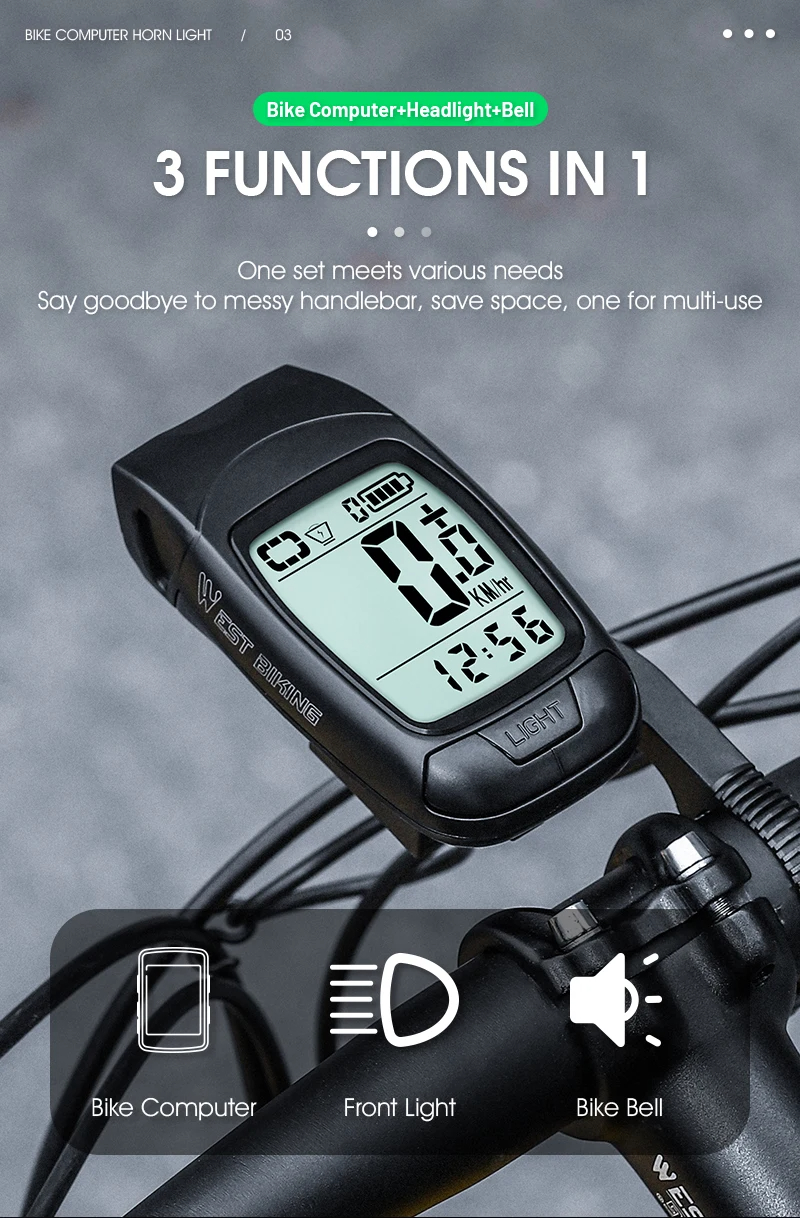 WESTBIKING3in1330LmBrightnessBikeHeadlight1200mAhBatteryIP64Waterproof4LightModesSmartSpeedometerwit-2000858-3