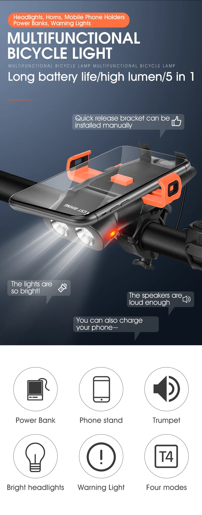 WESTBIKING5IN1500LmBrightnessBikeHeadlight3000mAhBatteryWaterproof4LightModesPowerBankPhoneHolderwit-2000968-1