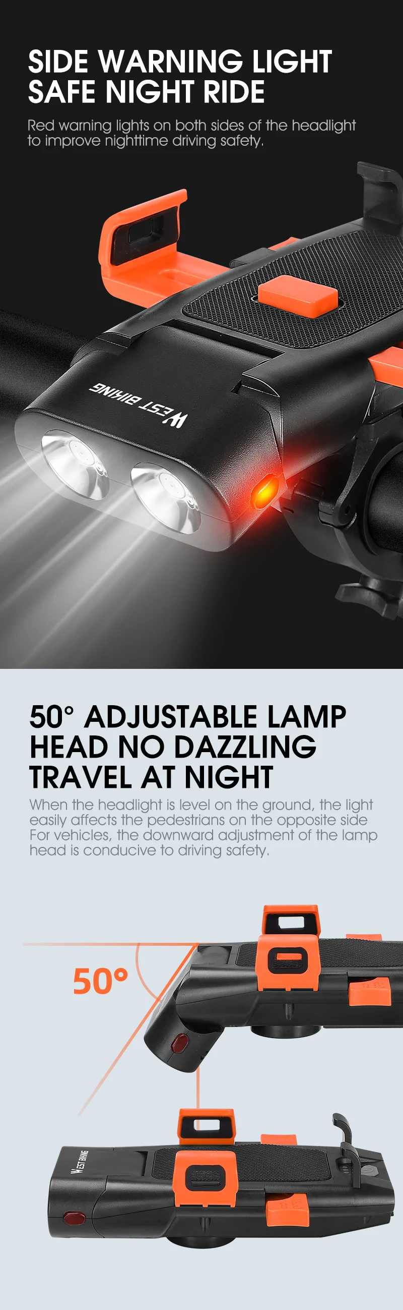 WESTBIKING5IN1500LmBrightnessBikeHeadlight3000mAhBatteryWaterproof4LightModesPowerBankPhoneHolderwit-2000968-6