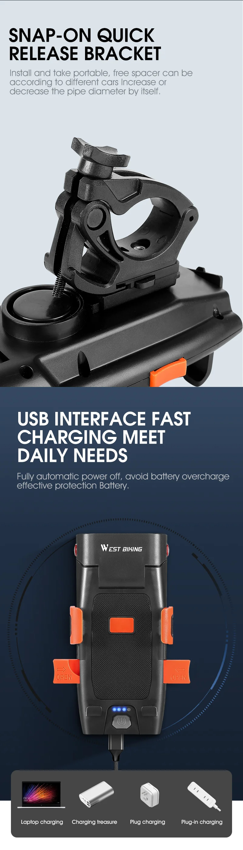 WESTBIKING5IN1500LmBrightnessBikeHeadlight3000mAhBatteryWaterproof4LightModesPowerBankPhoneHolderwit-2000968-8