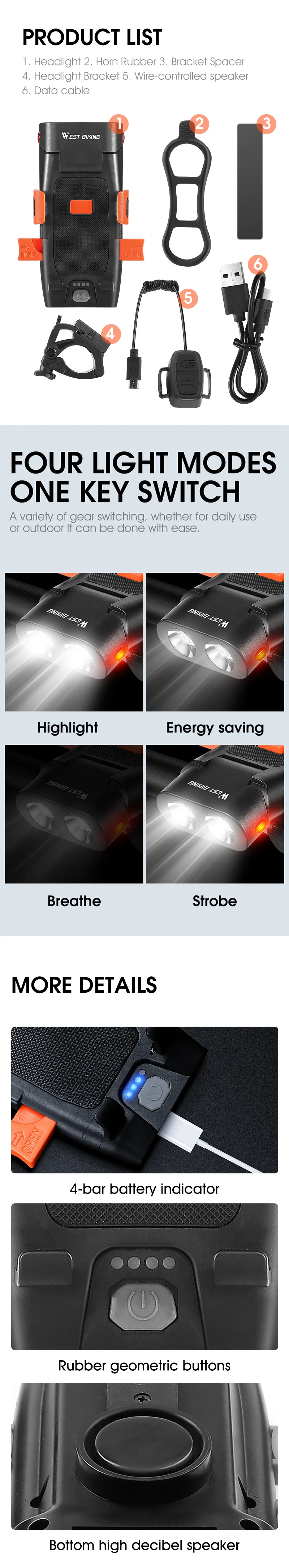 WESTBIKING5IN1500LmBrightnessBikeHeadlight3000mAhBatteryWaterproof4LightModesPowerBankPhoneHolderwit-2000968-9