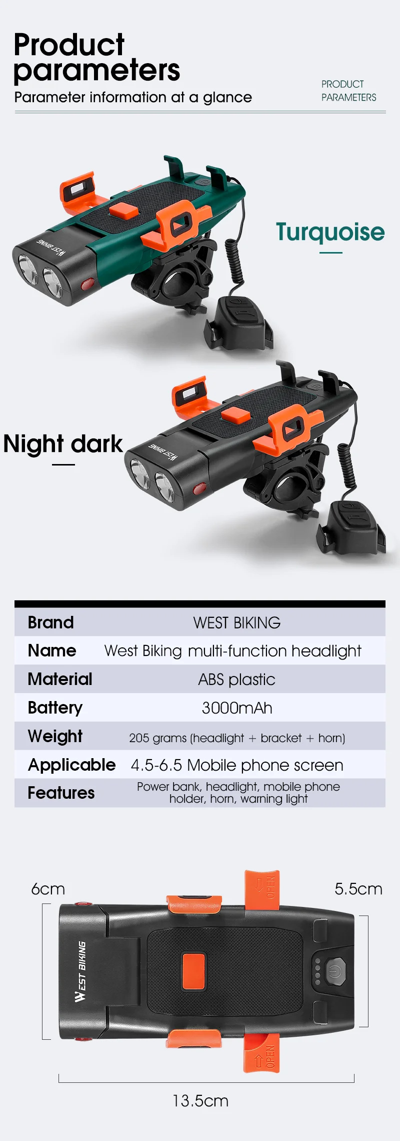 WESTBIKING5IN1500LmBrightnessBikeHeadlight3000mAhBatteryWaterproof4LightModesPowerBankPhoneHolderwit-2000968-10