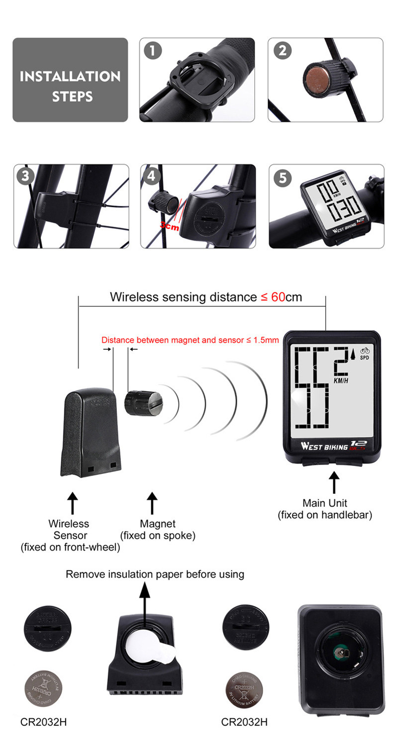 WESTBIKINGSmartBikeComputer216inchLEDDigitalDisplayWirelessSensorSpeedAccurateDataRecordBacklightSwi-2008317-6
