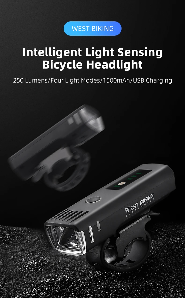 WESTBIKINGSmartSensingBikeHeadlight250LmBrightness1500mAhBatteryWaterproof4LightModesLightweightBicy-2001136-1