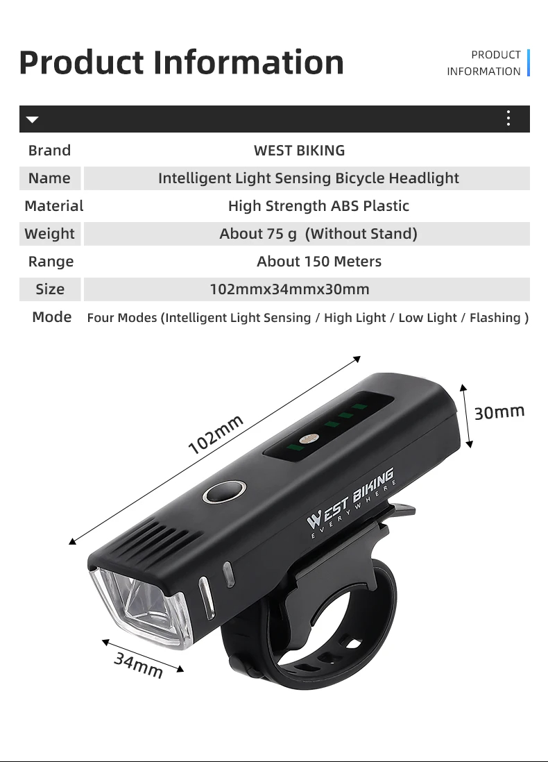 WESTBIKINGSmartSensingBikeHeadlight250LmBrightness1500mAhBatteryWaterproof4LightModesLightweightBicy-2001136-11