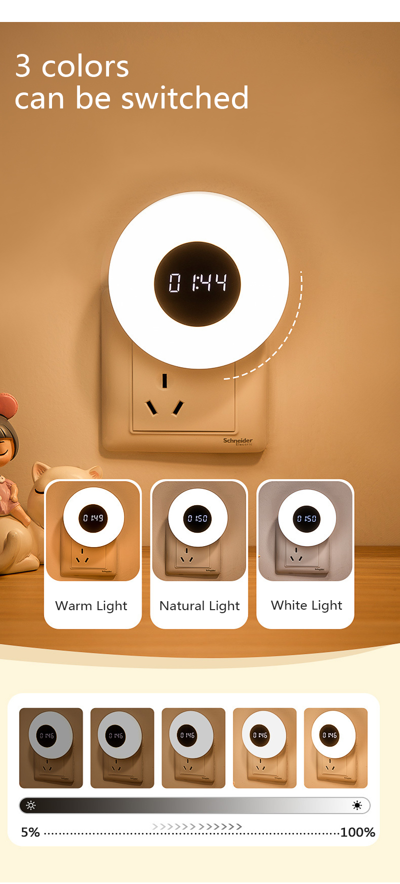 3ColorTimeClockWallLampDimmableRemoteControlLEDNightLightforBabyChildGiftEUUSPlugCorridorPorchWallLi-1981996-2