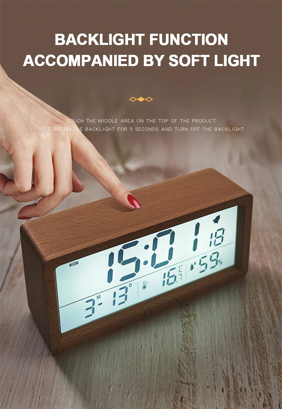 LEDWoodenDigitalAlarmClockMultifunctionalLargeScreenDateTemperatureHumidityBacklight1224HourSnoozeTa-2009749-2