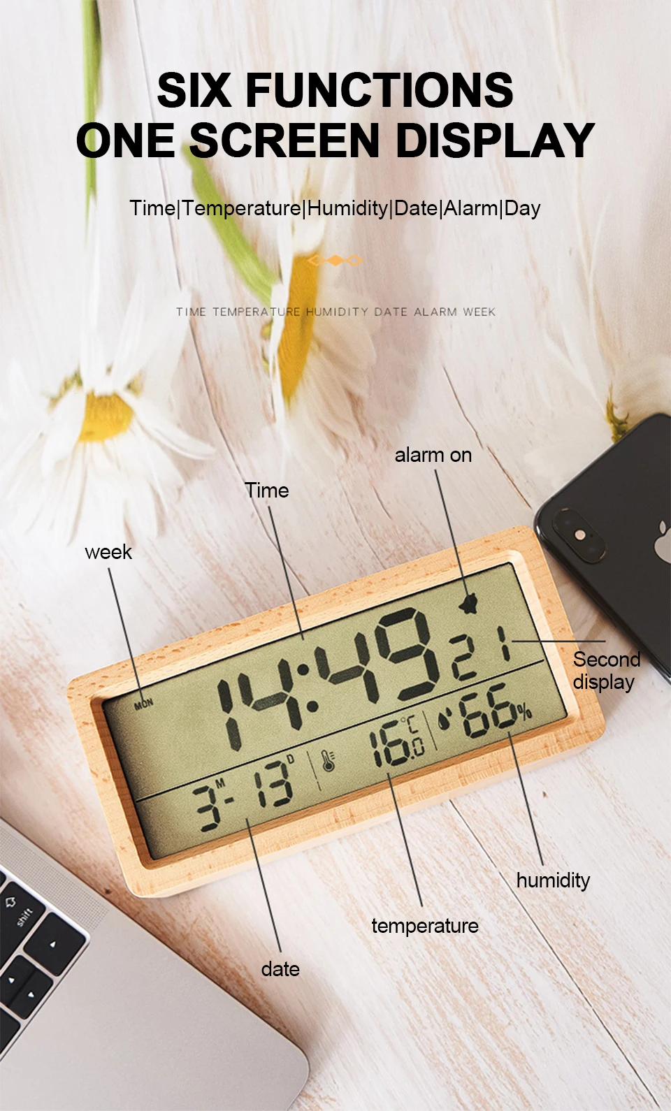 LEDWoodenDigitalAlarmClockMultifunctionalLargeScreenDateTemperatureHumidityBacklight1224HourSnoozeTa-2009749-5
