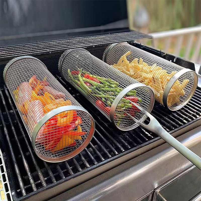 30cmRoundStainlessRollingBarbecueBBQGrillBasketNetForVegetablesMeatFish-1988764-1