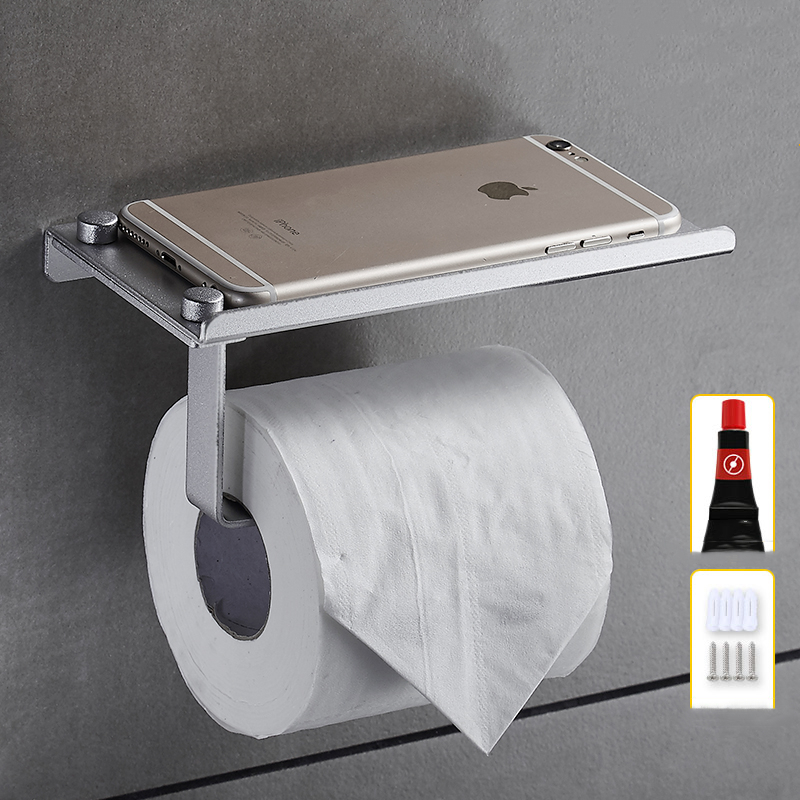 AluminumToiletPaperPunchFreeHolderWithPhoneShelfWallMountedBathroomAccessoriesTissuesRollDispenserMa-1747994-1