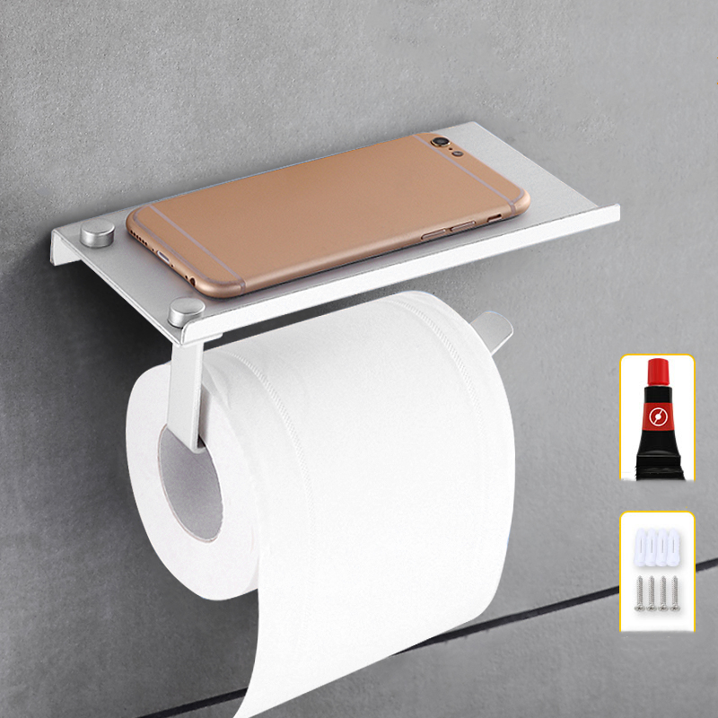 AluminumToiletPaperPunchFreeHolderWithPhoneShelfWallMountedBathroomAccessoriesTissuesRollDispenserMa-1747994-2