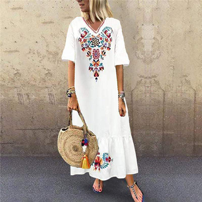 BohemianFloralPrintV-neckFlareHalfSleeveBeachMaxiDress-1541820-1