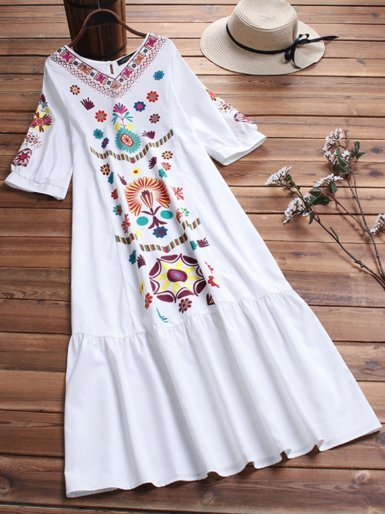 EthnicWomenV-neckLongSleeveFloralPrintHolidayBohemianPleatedMaxiDress-1492851-1