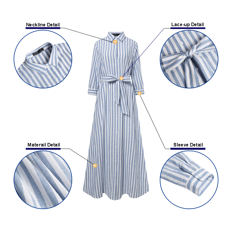 Women100CottonClassicalStripedPrintLapelButtonFrontLace-UpCasualShirtDress-1753652-2