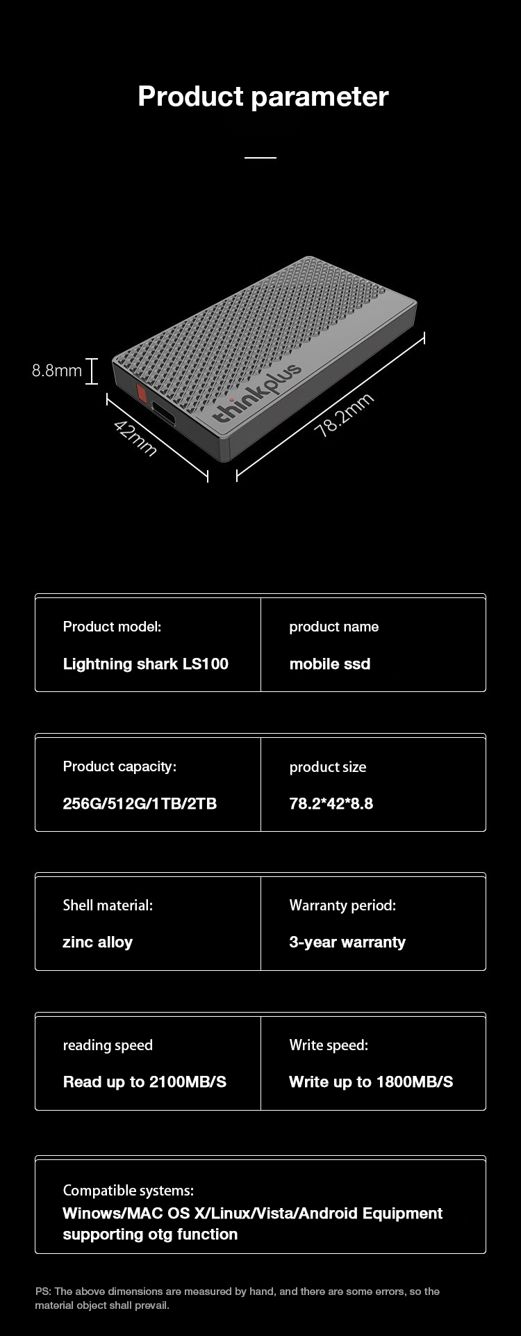 LenovoThinkplusLS100SolidStateDrive256GB512GBType-CInterfaceUSB322100MBsHighSpeedExternalHardDrive-2014587-10