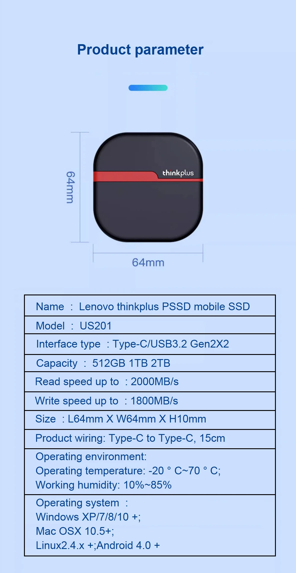 LenovothinkplusUS201MobileSolidStateDrive512GB1TBUSB32Gen2PSSD2000MBsHigh-speedExternalHardDrive-2010355-11