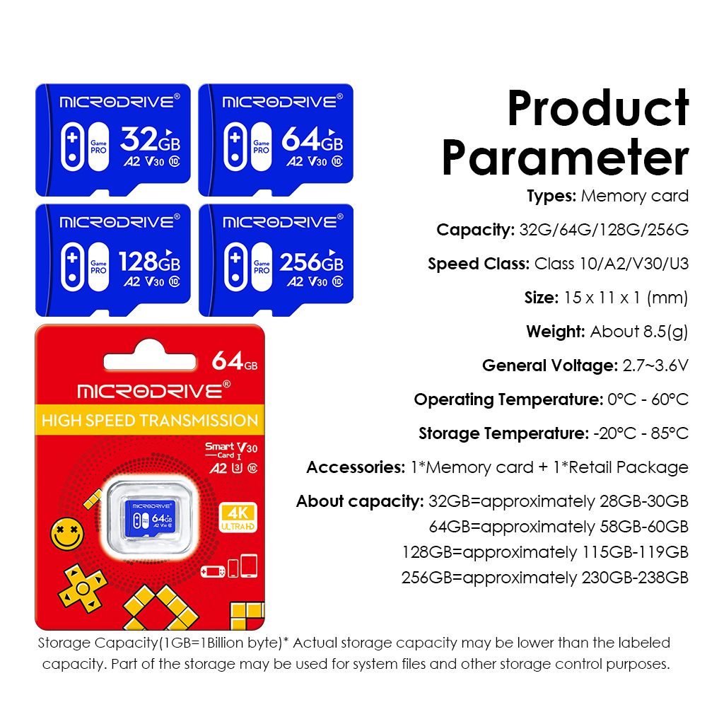 MicrodriveClass10HighSpeedTFMemoryCard32G64G128G256GMicroSDCardFlashCardSmartCardforCameraDroneTVDri-1984033-1