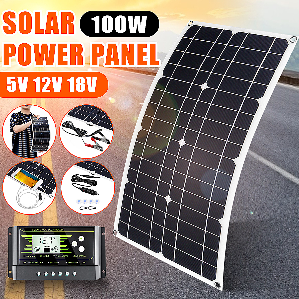 100W18VMonoSolarPanelUSB12V5VDCMonocrystallineFlexibleSolarChargerForCarRVBoatBatteryChargerWaterpro-1582771-1