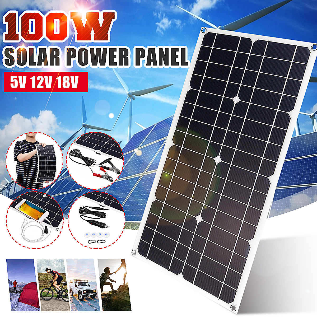 100W18VMonoSolarPanelUSB12V5VDCMonocrystallineFlexibleSolarChargerForCarRVBoatBatteryChargerWaterpro-1582771-2