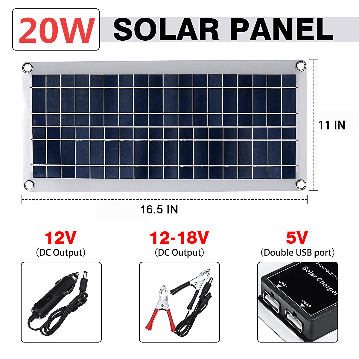 20W12V5VPolycrystallineSolarPanelKitBatteryChargerPortableSolarPanelforCarBoatVan-1910550-2