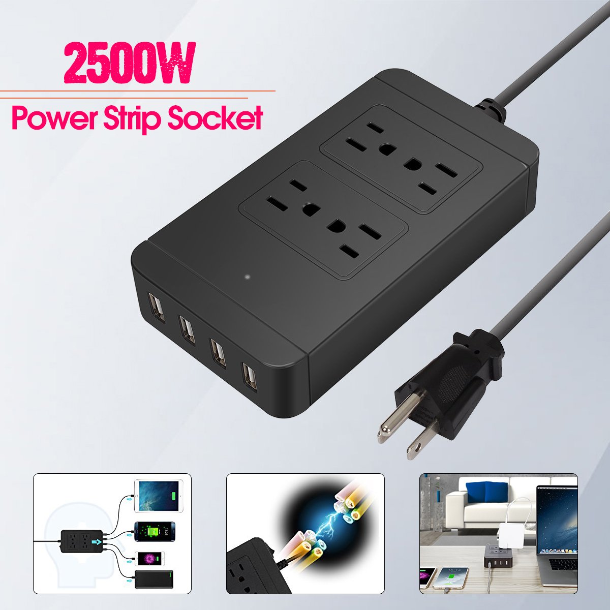 2500WPowerStripSocket4ACOutlets4USBPortsChargerSmartPowerSwitchSocketUS-1303091-1