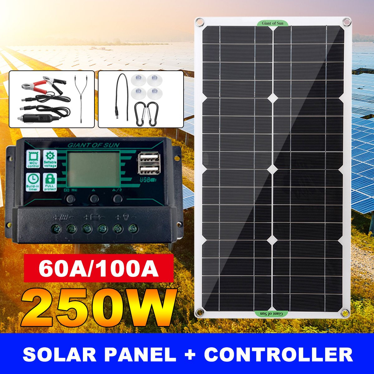 250WMaxPortableSolarPanelKitDualDCUSBChargerKitSingleCrystalSemi-flexibleSolarPowerPanelw60A100ASola-1827860-1