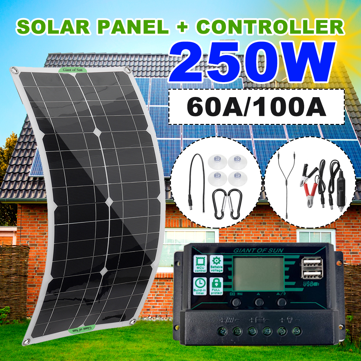 250WMaxPortableSolarPanelKitDualDCUSBChargerKitSingleCrystalSemi-flexibleSolarPowerPanelw60A100ASola-1827860-2