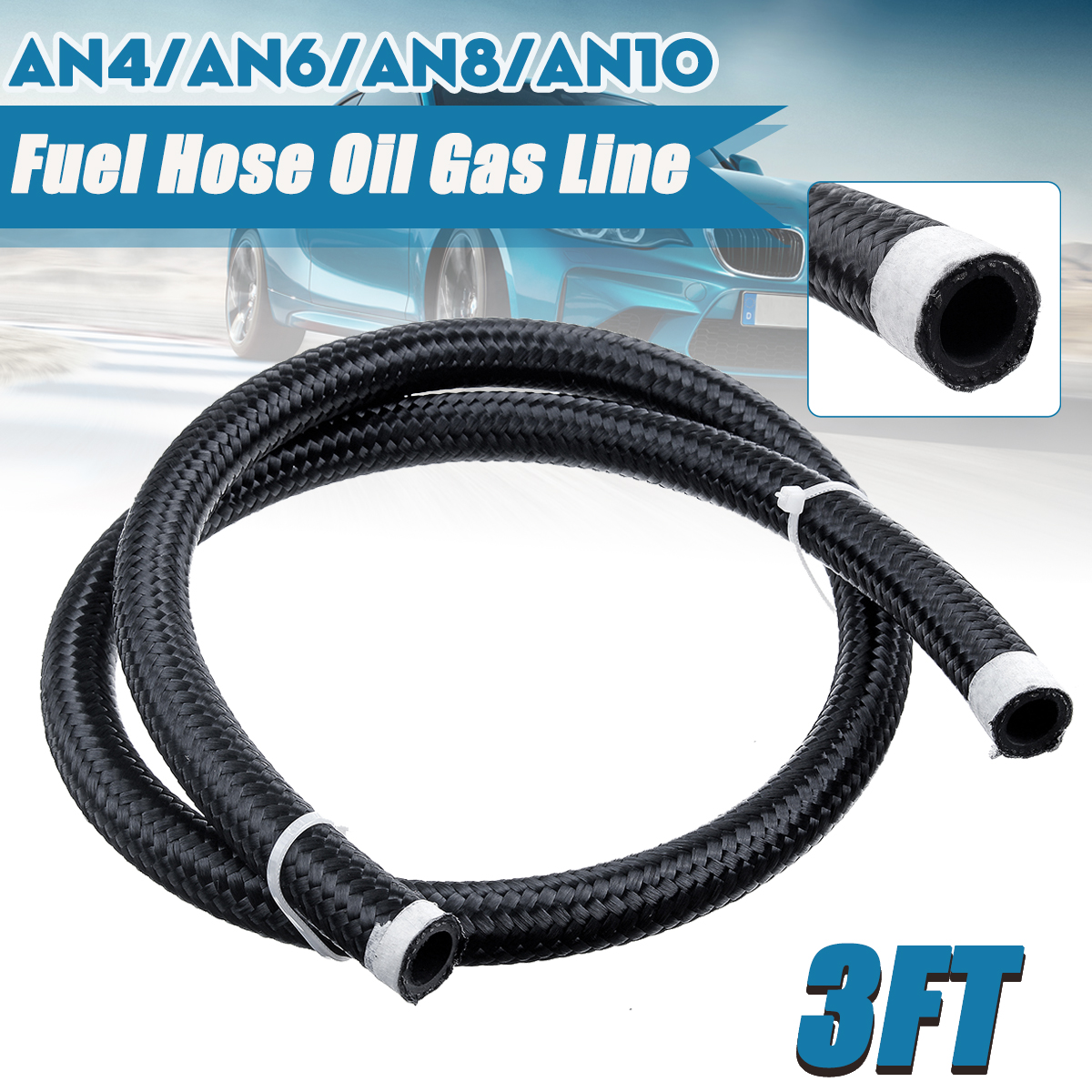 3FTAN4AN6AN8AN10CarFuelHoseOilGasLineNylonStainlessSteelBraidedBlack-1682427-1