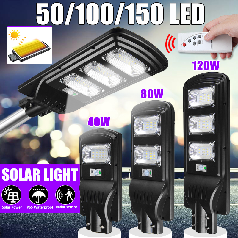 50100150LEDSolarPoweredLightWallStreetLampSensorFloodlightIP65Waterproof-1500043-1