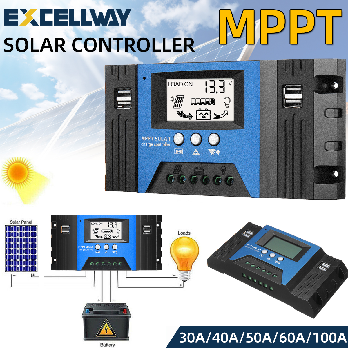 EXCELLWAY30405060100AMPPTSolarControllerLCDSolarChargeControllerAccuracyDualUSBSolarPanelBatteryRegu-1973580-1