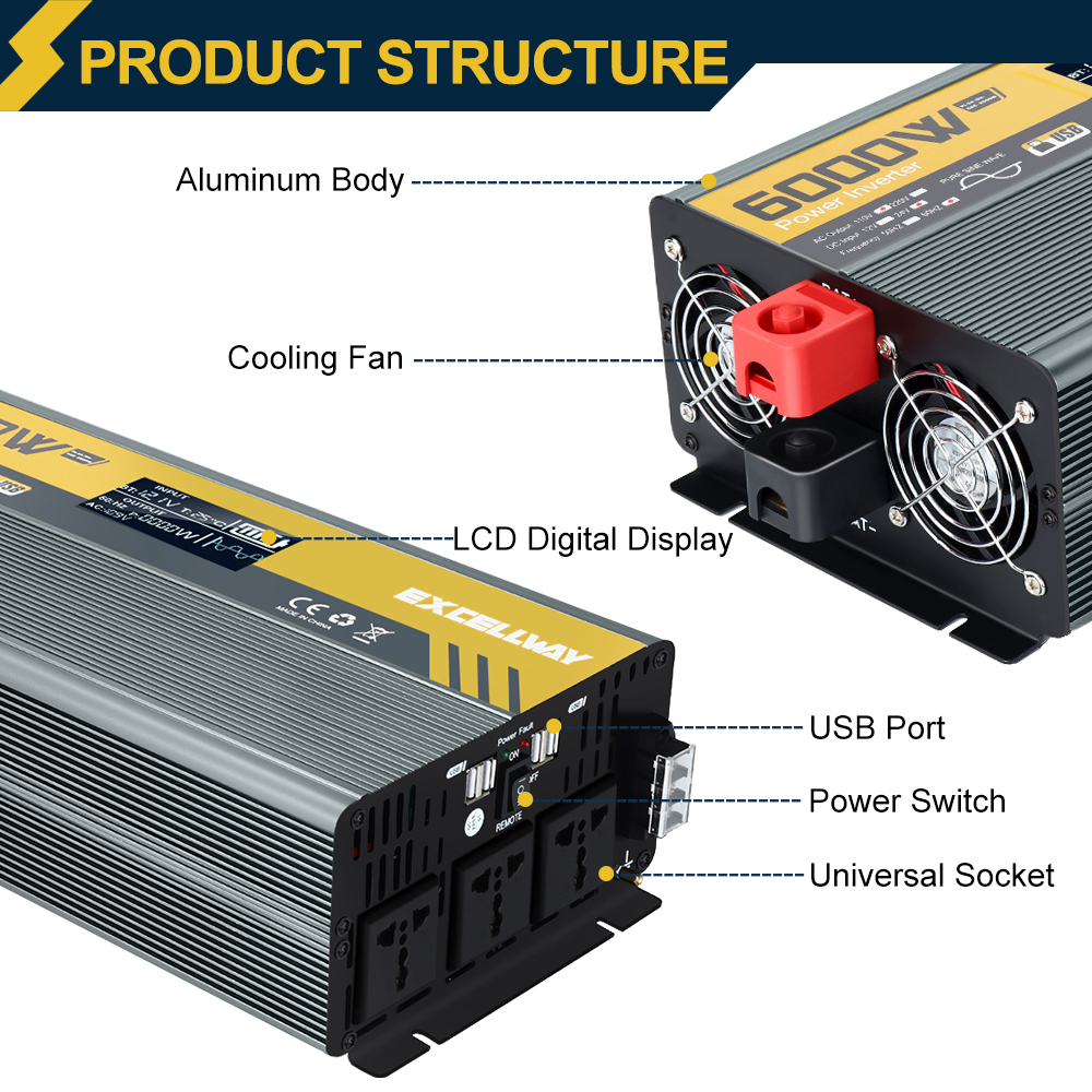 Excellway1000W-6000WPeakPowerInverter110V60HzDC12V24VConverterwithLCDDisplayACOutletsDualUSBCarCharg-1983901-1